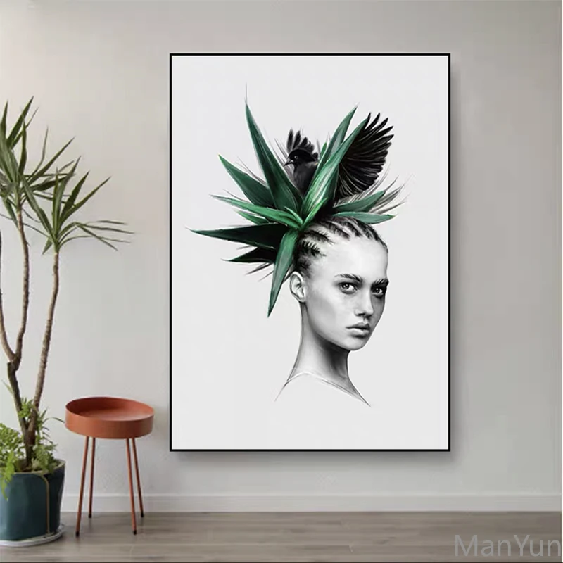 

Abstract Beautiful Girlis with Green Plants Posters and Prints Canvas Paintings Wall Art Pictures for Living Room Decor Cuadros