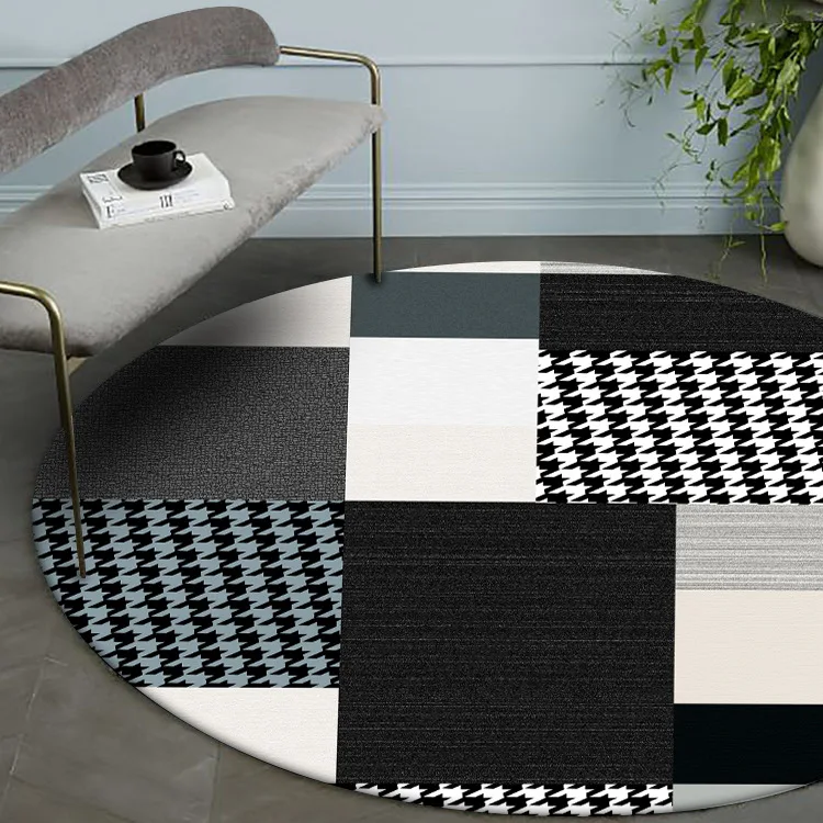 

Modern Classic Black And White Houndstooth Mosaic Living Room Bedroom Round Floor Mat CarpetCustom Size