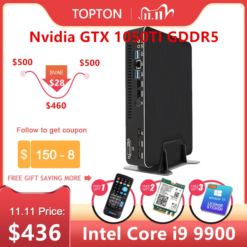 2020Topton для игровых мини ПК i9 9900 i7 9700F i5 9400F GTX 1050TI 4G GPU Win10 Настольный микрокопьютер NVMe 2 * HDMI2.0 DVI DP AC Wi Fi|Мини ПК| |