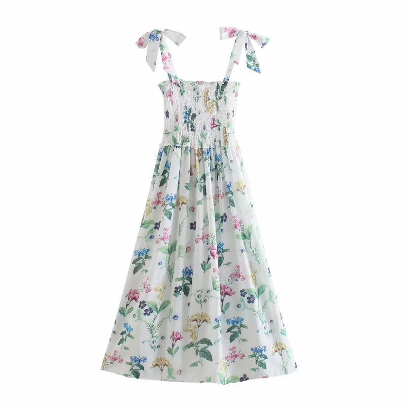 

Floral Print Pleated Midi Dress Women Folds Spaghetti Straps Sleeveless Backless Elastic Waist Slim Long Dress Vacation Vestido