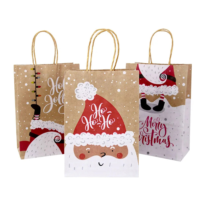 

5Pcs Merry Christmas Kraft Paper Candy Gifts Bags Snowflake Santa Cookie Snack Handle Bag For Xmas New Year Gifts Packing Decor