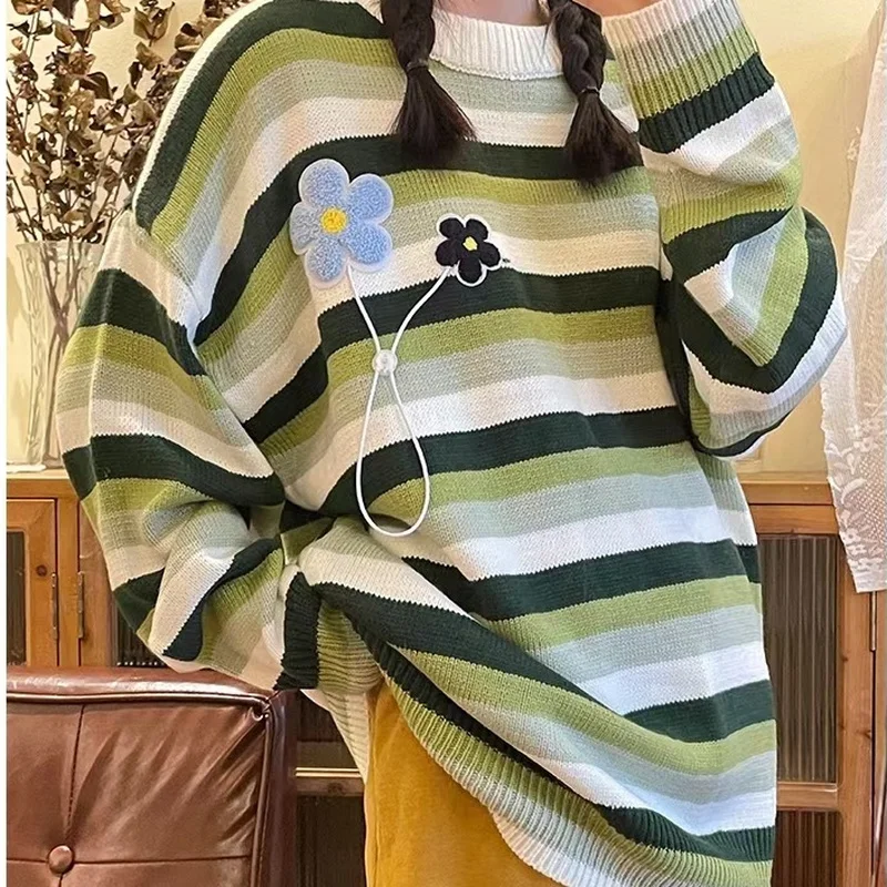 

Rainbow Stripe Knitwear Tops Chic Appliques Korean Causal Women Sweaters 2021 Autumn Winter New Pull Jumpers