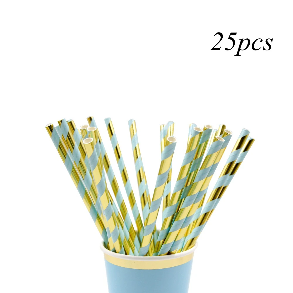 25pcs blue straws 1 Набор, синяя серия, полосатая одноразовая посуда, сделай сам, позолоченные бумажные тарелки, посуда для свадебного стола, Декор, принадлежности для дня рождения - Цвет: 25pcs blue straws