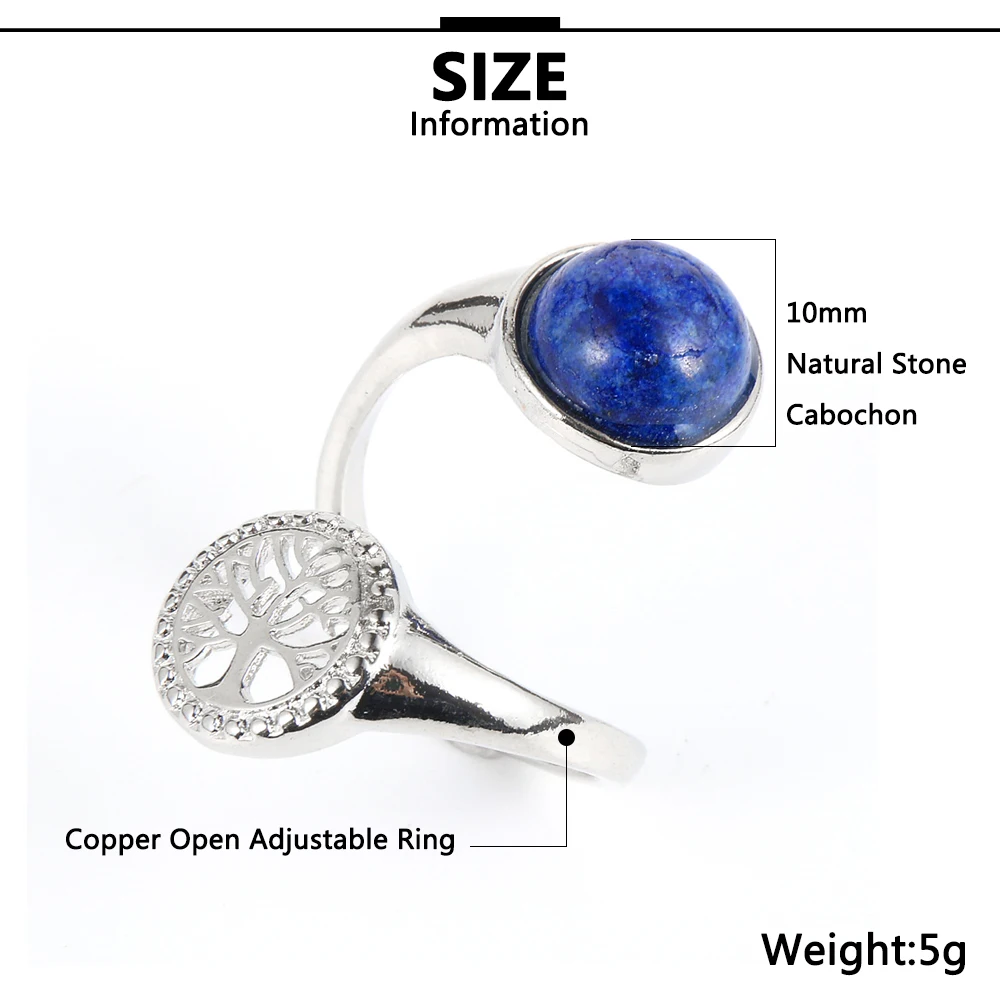 

2020 New Two Side Small Natural Gem Stone Beads Alloy Tree Of Life Rings For Women Girls Reiki Chakra Adjustable Rings Jewelry