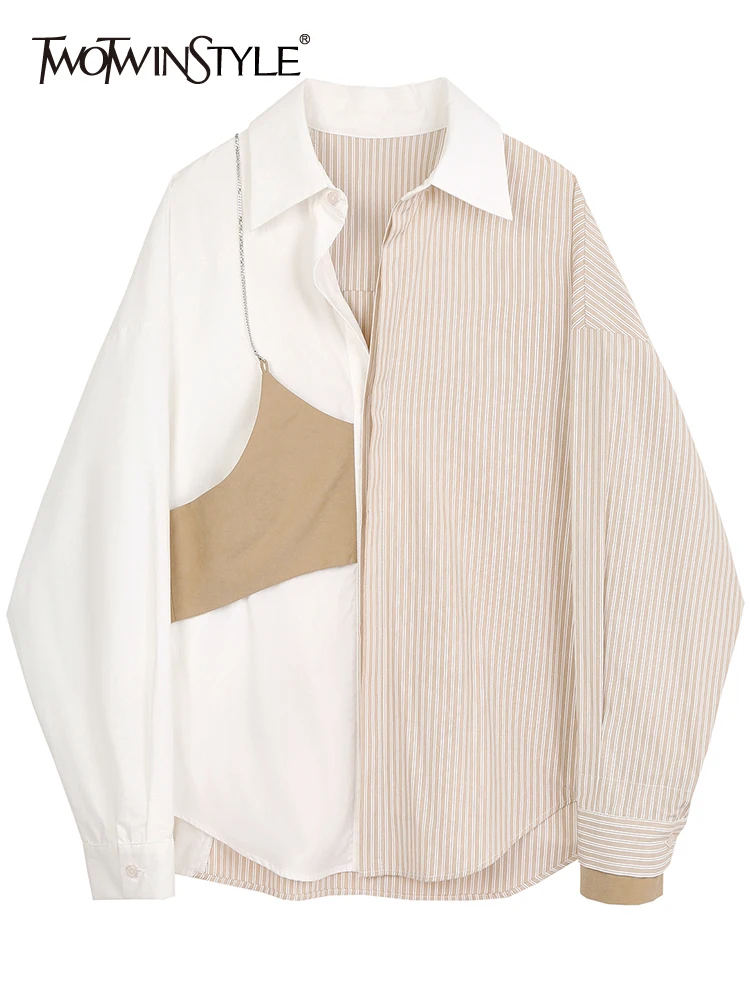 

TWOTWINSTYLE, Лоскутные Полосатые блузки для женщин, с отворотом, свободные, с длинным рукавом, однобортные, открытая строчка, женская, 2021, осенняя ...