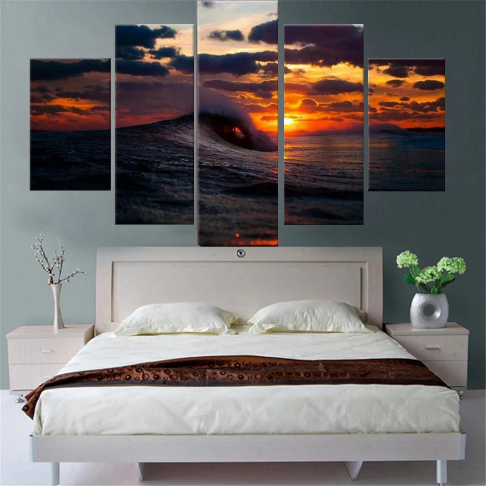 

5 Pieces Wall Art Canvas Painting Seascape Beautiful Sunset Poster Modern Home Bedroom Decoration Home Frame Modular Picture