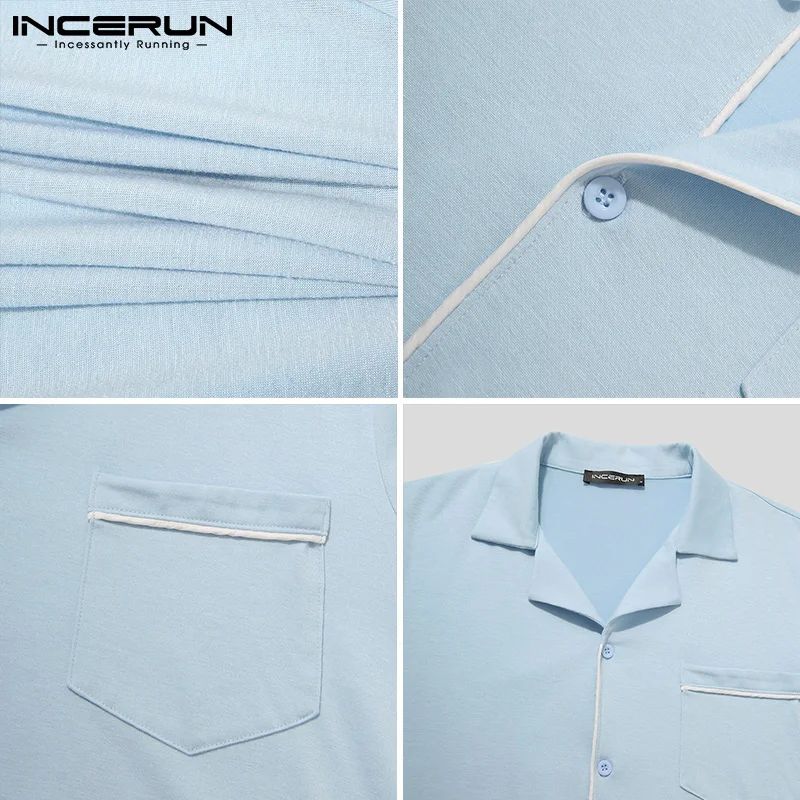 

INCERUN Men Pajamas Sets Patchwork Leisure Homewear Short Sleeve Sleepwear & Shorts Summer Cozy Nightwear Suits Men 2 Piece 7