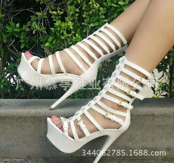 

Pure white multi buckle waterproof platform sexy performance high heel sandals