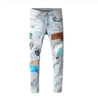 new mens male fashion bear embroidery patchwork light blue jeans streetwear holes ripped stretch denim skinny jeans trousers