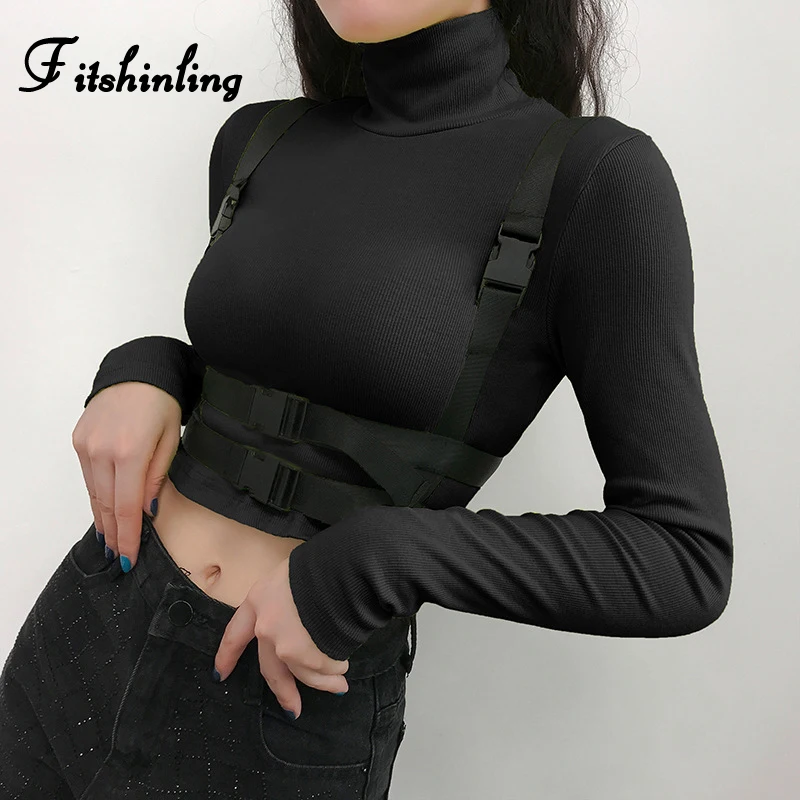 Женская готическая водолазка Fitshinling черная облегающая укороченная футболка с