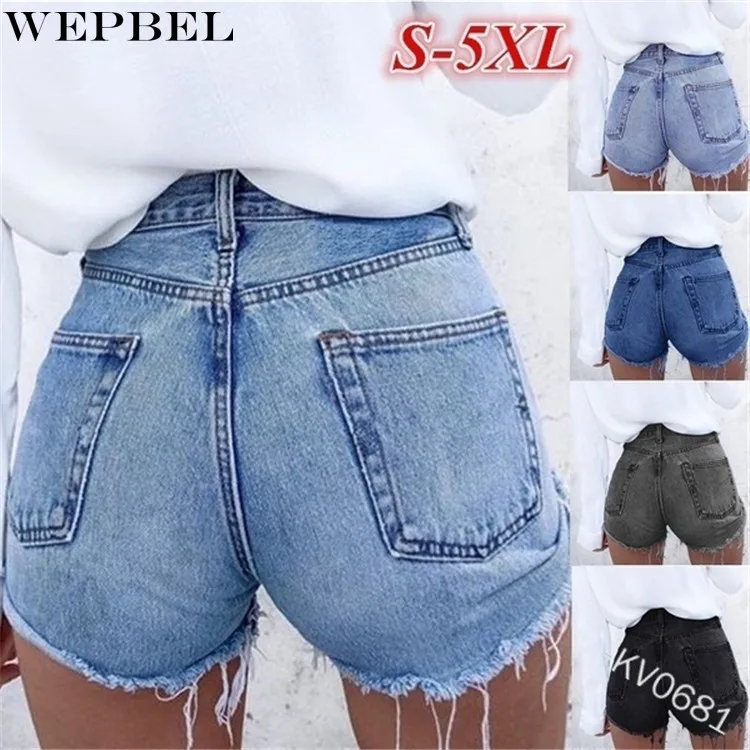 

WEPBEL Summer Casual Mid-Waist Solid Color Pocket Short Jeans Women's Fashion Tassel Straight Denim Shorts