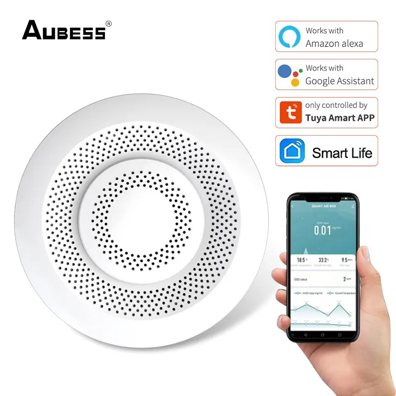 

Aubess Tuya Wifi Smart Air Box Formaldehyde VOC Carbon Dioxide Temperature Humidity Sensor Automation Alarm Detector Sensor Tool