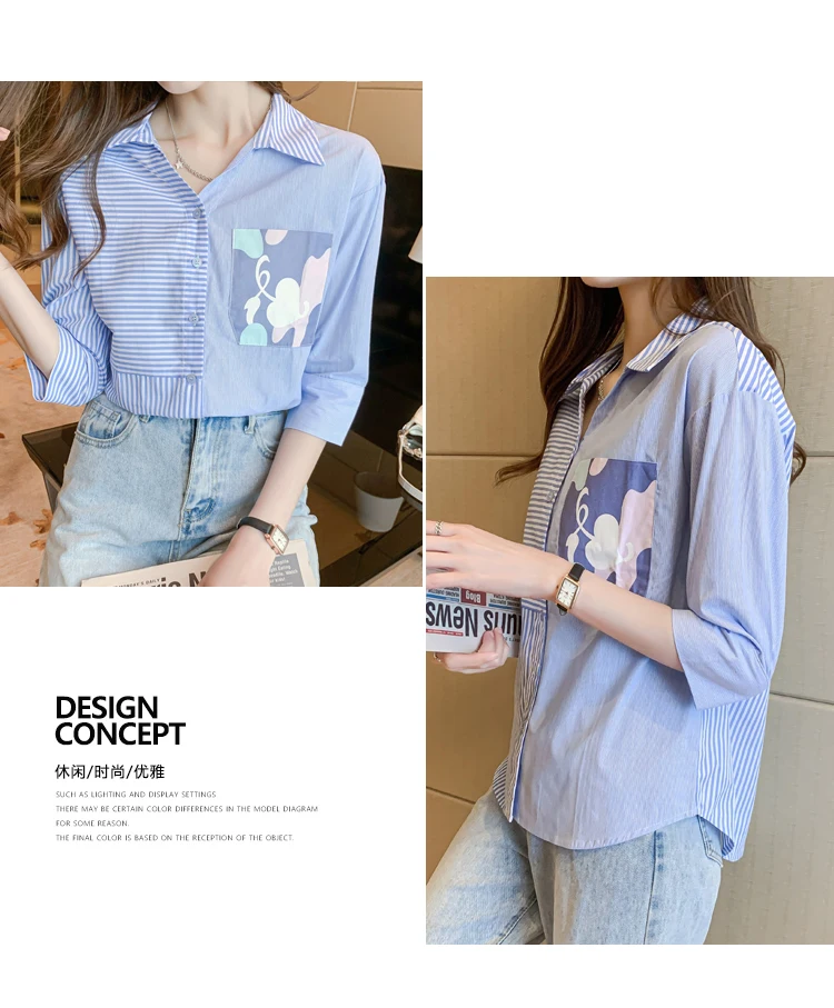 

Houthion Chiffon Slim Women's Blouses New Casual Blouse Fashion Half Sleeve Top Stripe Pocket Buttons Shirt Summer