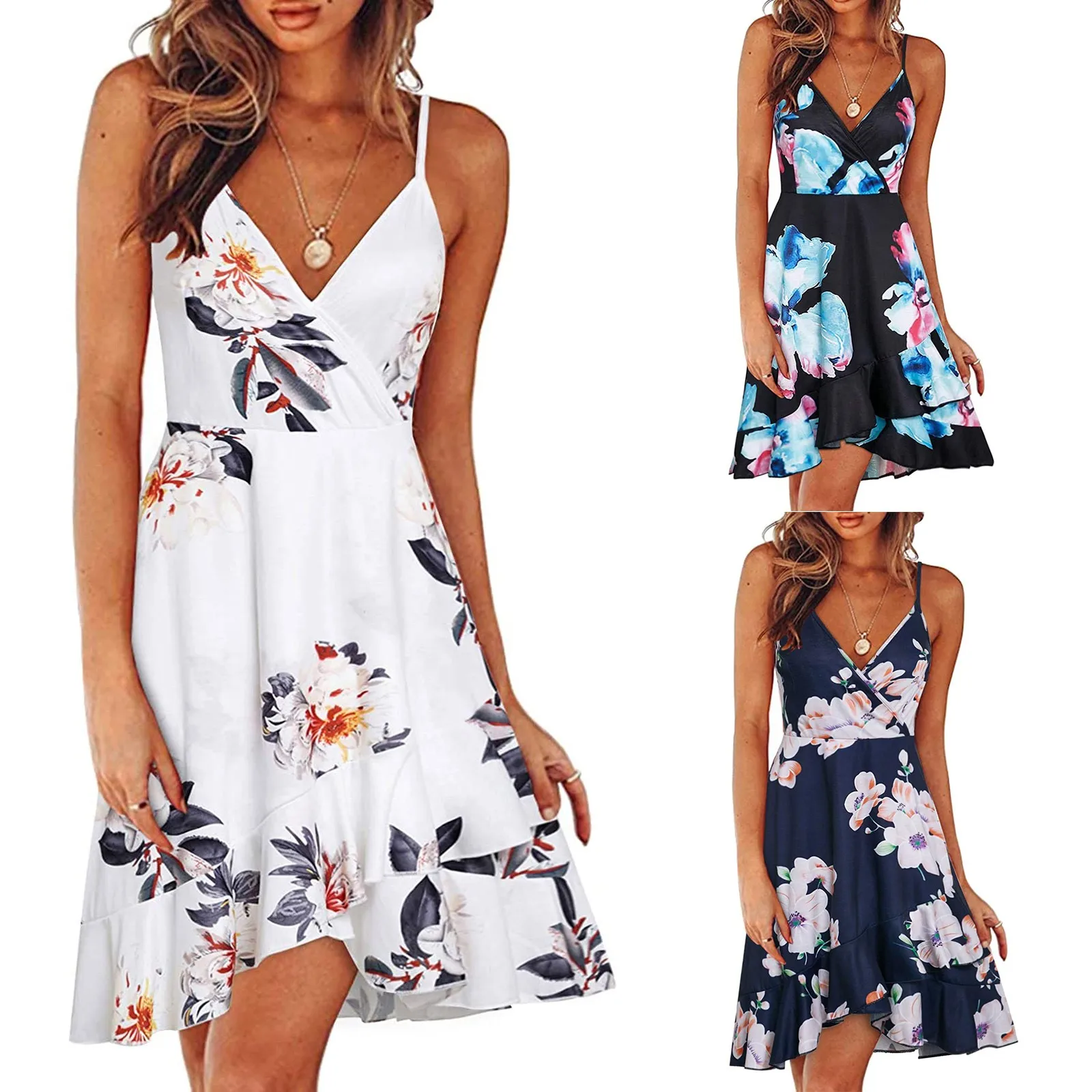 

Summer Floral Print Sexy V-neck Strap Womens Mini Dress Casual Loose Fashion Beach Style Sleeveless Short Skirt