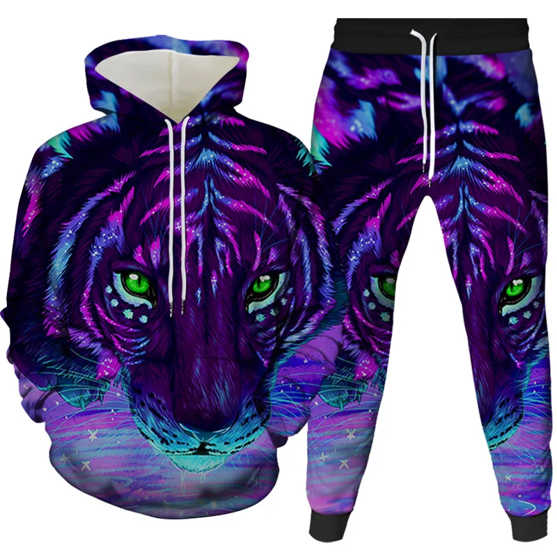 

2021 New Autumn And Winter 3D Printed Animal Tiger Hoodie Men And Women Pullover Hooded Sportswear Casual Sweater Two-Piece Suit