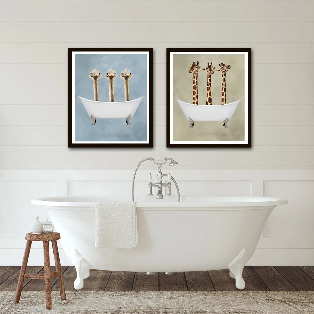 Плакат с изображением животных в ванне рисунок жирафа и страуса холст для ванной