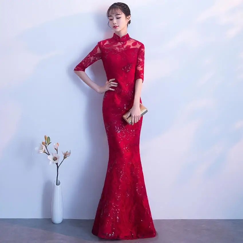 

Lace Long Dress Traditional Chinese Ladies Evening Dresses Vintage Women Bride Modern Cheongsam