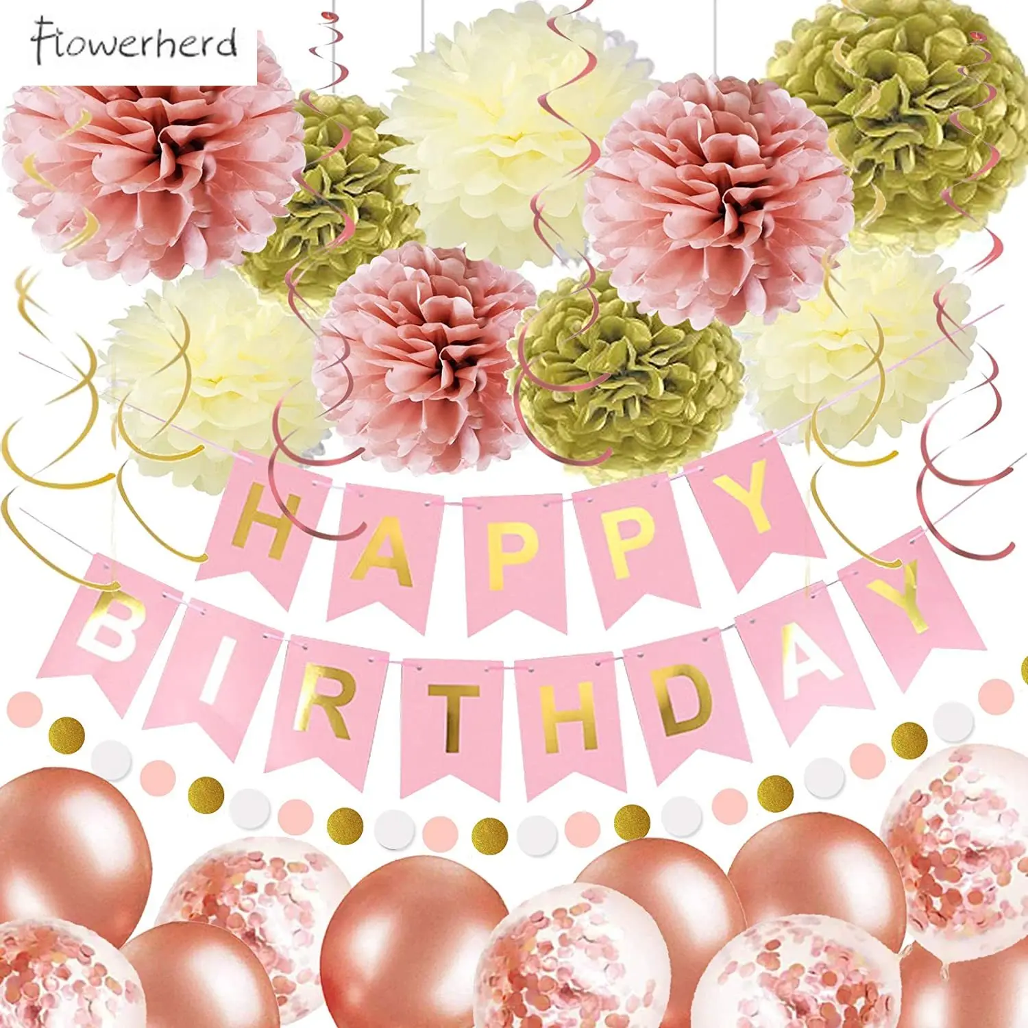 

Pink Gold Birthday Party Decorations Banner Balloons Poms Circle Dot Garland and Swirls for Women Grils Birthday Party Decor