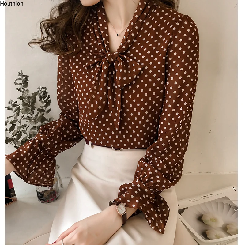 

Houthion Chiffon Shirt Women's Blouses Casual Korean Retro Blouse Breasted New Polka Dots Tops Long Sleeve Top Summer Fashion