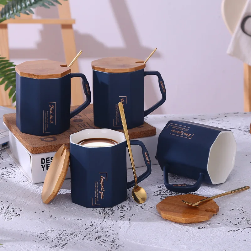 

European diamond mug creative octagonal matte ceramic mug with spoon office coffee mug