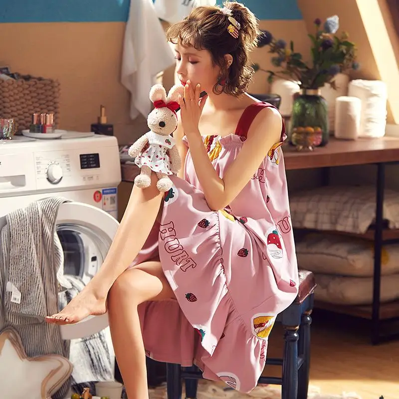 

2021 New Casual Printing Fashion Summer Suspender Female Nightdress Cute Sweet and Loose Long Home Wear Nightdress