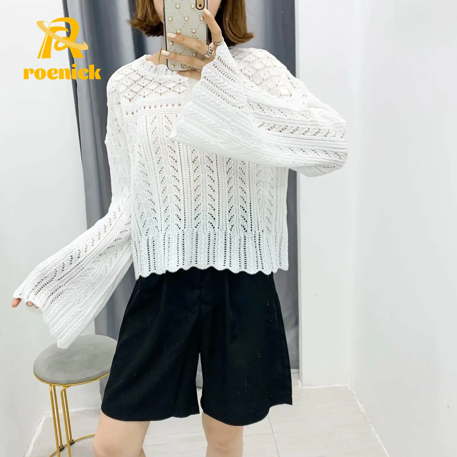 

ROENICK Women O-Neck Wavy Pullover Sweaters Solid Color Autumn Knitted Crop Tops Female Hollow Out Thin Loose Chic Pink Jumpers