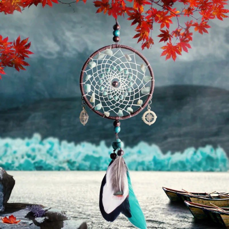 Подвеска Ловец снов из натуральных бирюзовых зеленых бусин | Дом и сад