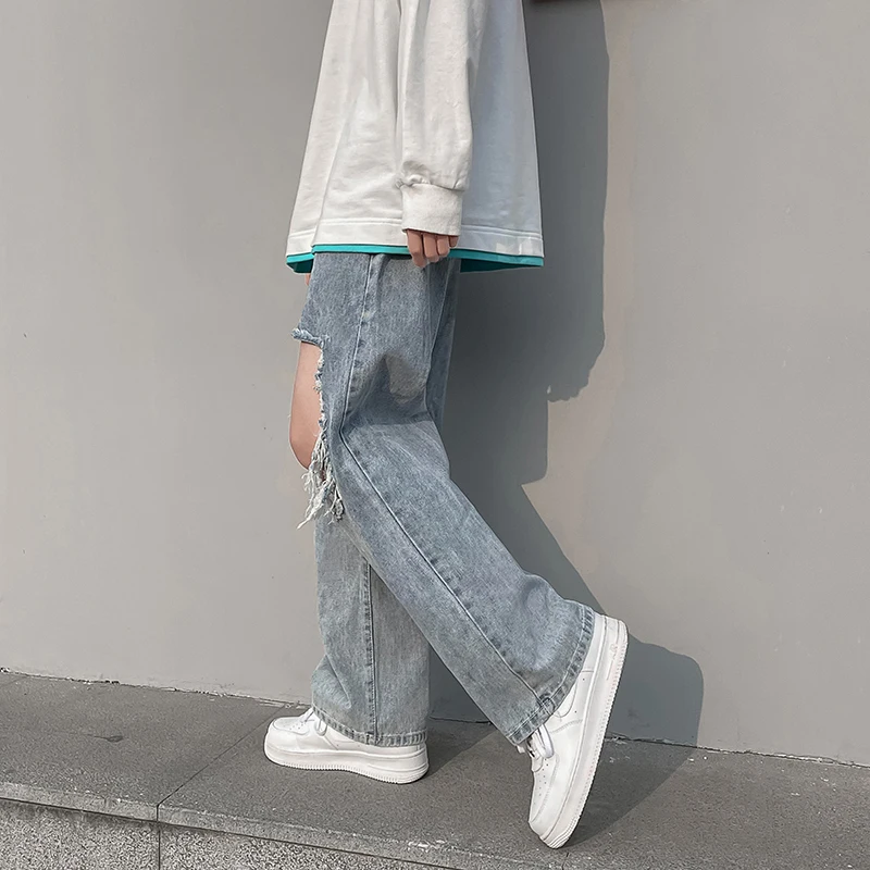

High Street Jeans for Men Light Blue Straight Frayed Ripped Hole Mens Thin Summer Casual Denim Pants Baggy Hip Hop Trousers