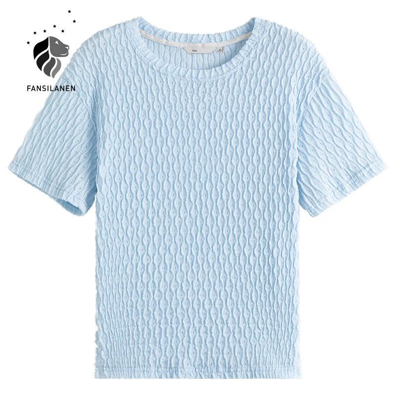 

FANSILANEN Office Lady French Short-sleeved Blue White T-shirt Women Summer 2021 New Wild Texture Pleated Straight Casual Tops
