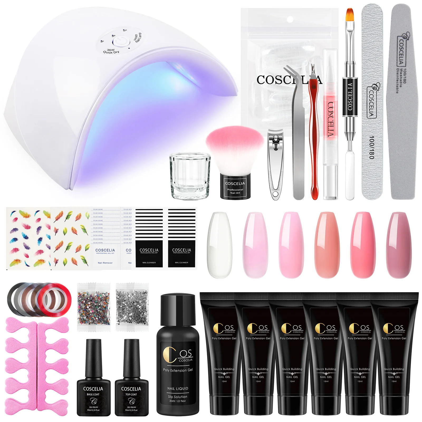 

COSCELIA Manicure Set Nail Poly Extension Gel with LED UV Dryer Lamp Top Base Coat Nail Art Decorations for Nails Building Kit