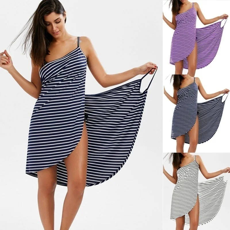 

Summer New Sexy Beach Holiday Skirt Striped Suspender Dress Plus Size