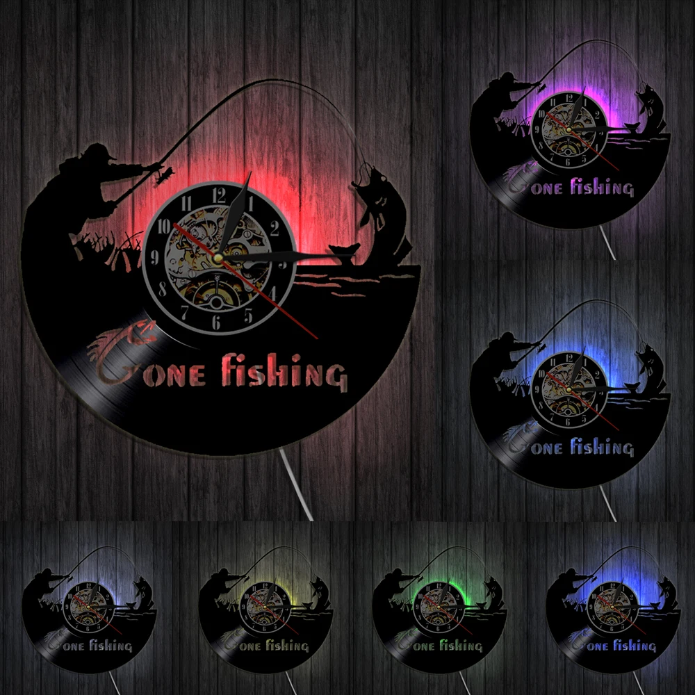 

Gone Fishing Fish Rod Wall Clock Fisherman Home Decor Fishing Vinyl Record Wall Clock Timepieces Handmade Gift For Fishermen