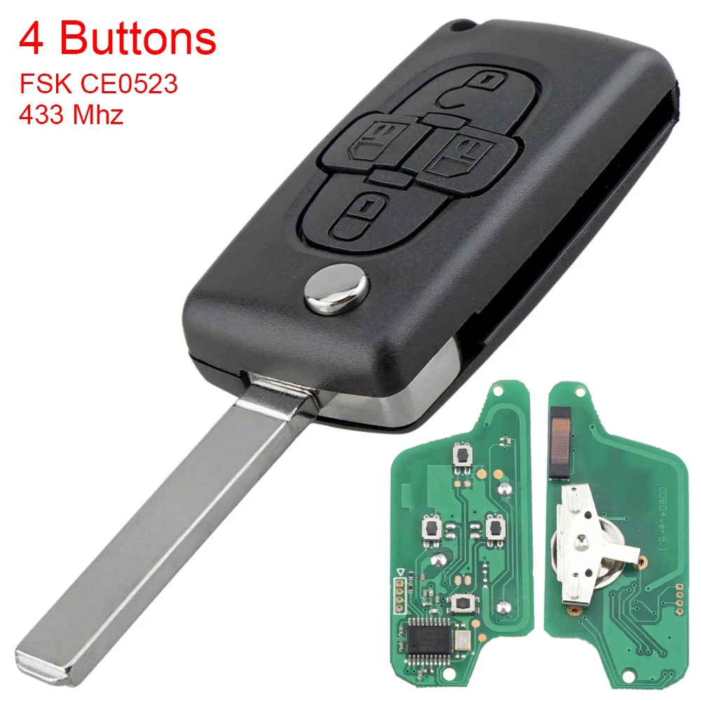 

433Mhz FSK 4 Buttons Flip Folding Remote Key Fob Control with ID46 Chip and VA2 Blade CE0523 Fit for Peugeot 1007 Citroen C8