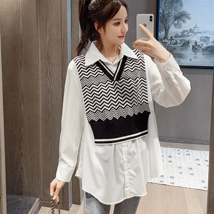 

Autumn Korean Shirt Women Tops Long Sleeve Casual shirts Vintage knitting Stitching Fake Two-Pieces Women Blouses blusas