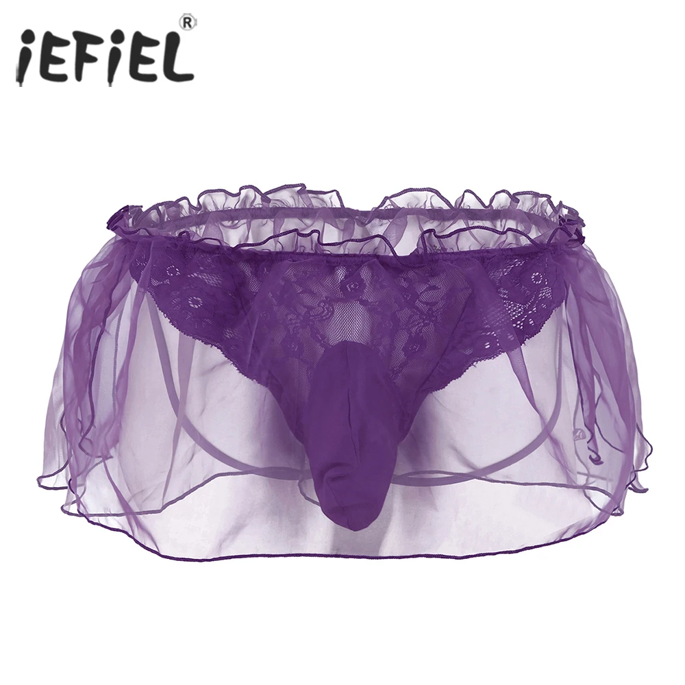 

iEFiEL Sexy Gay Men Lingerie Panties Lace Flower Organza String Homme Open Butt Underwear Underpants Jockstrap with Bulge Pouch