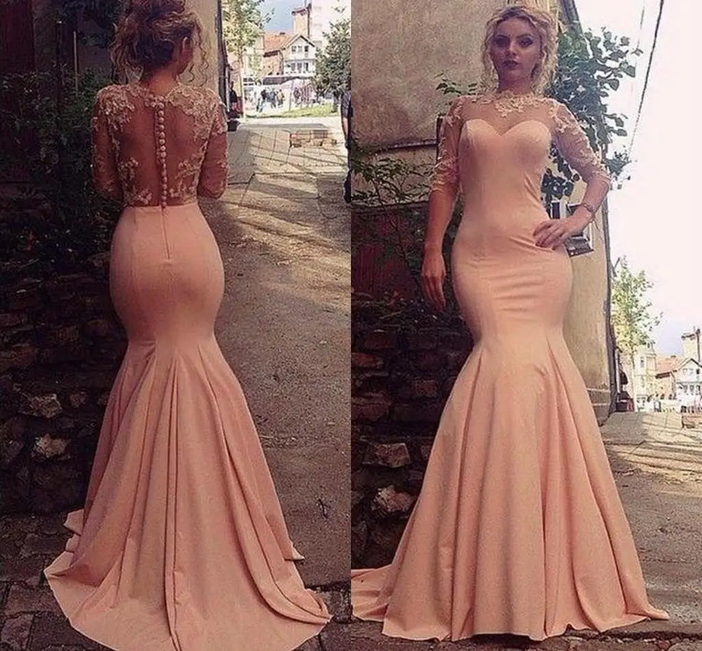 

Peach Pink Mermaid Evening Gowns 2021 Lace Sheer Neck Illusion Long Sleeves Prom Formal Dresses Buttons Sweep Train