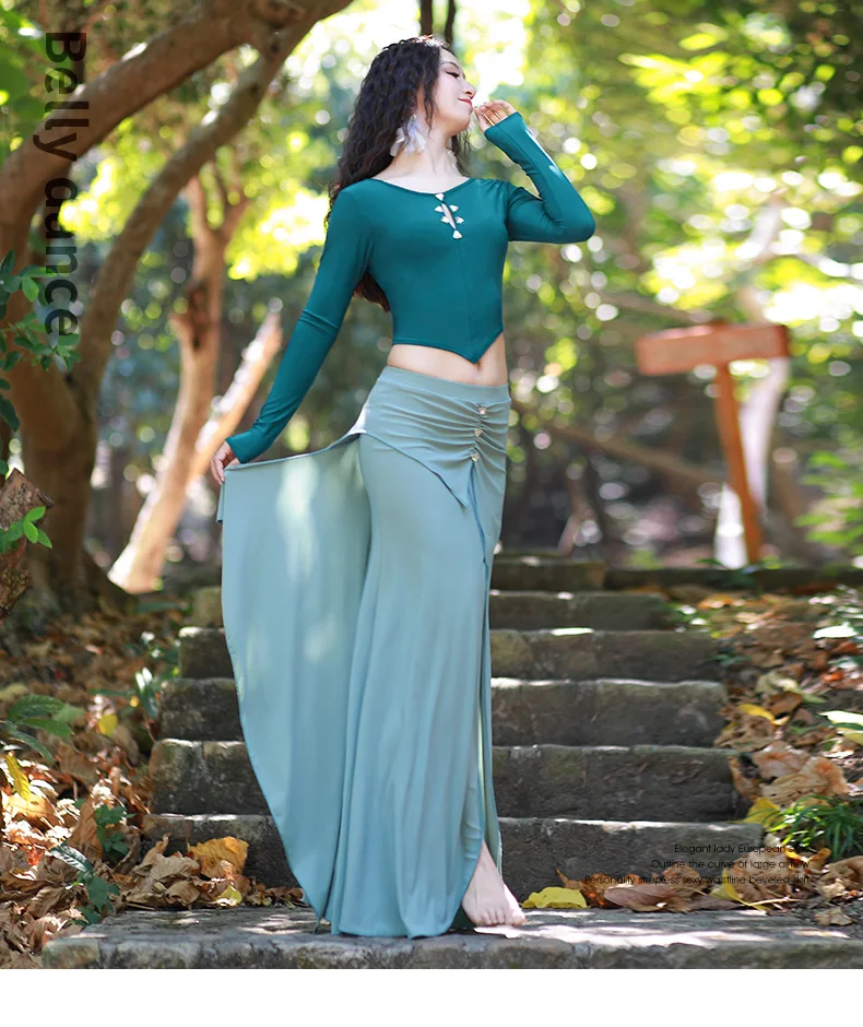 

Женский костюм для танца живота, тренировочная одежда с длинным рукавом, костюм для восточных танцев, костюм из двух предметов, хлопковая юбка