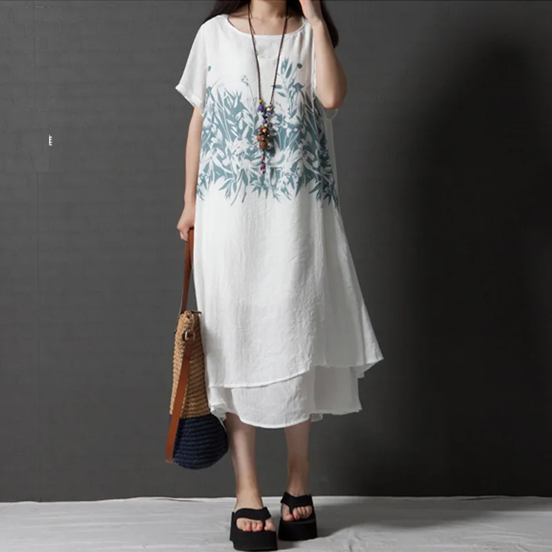 Женское Хлопковое платье длинное льняное с принтом Nation Wind модель A093 на лето