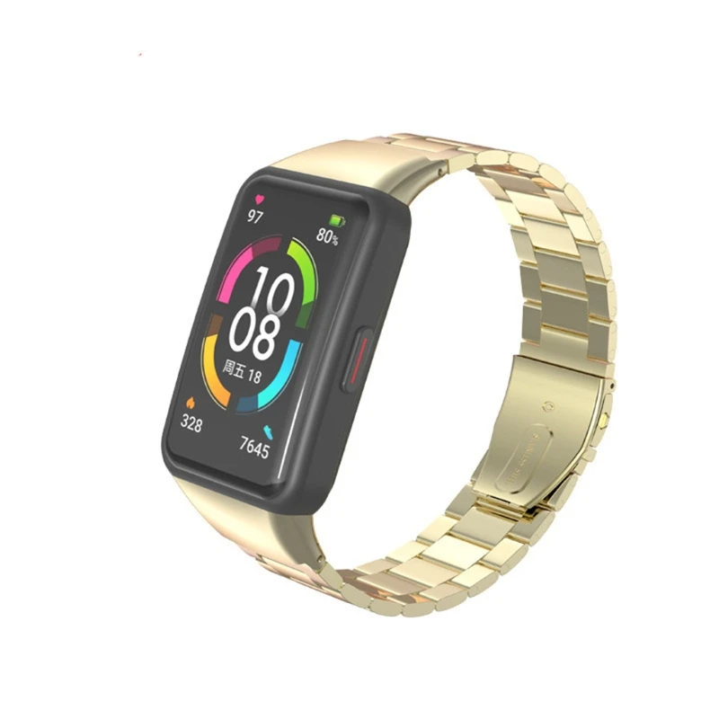 

Stainless Steel Bracelet Smart Watch Strap For -Huawei Honor Band 6 Smart Watch Double Snap Buckle Solid Stainless Steel Strap