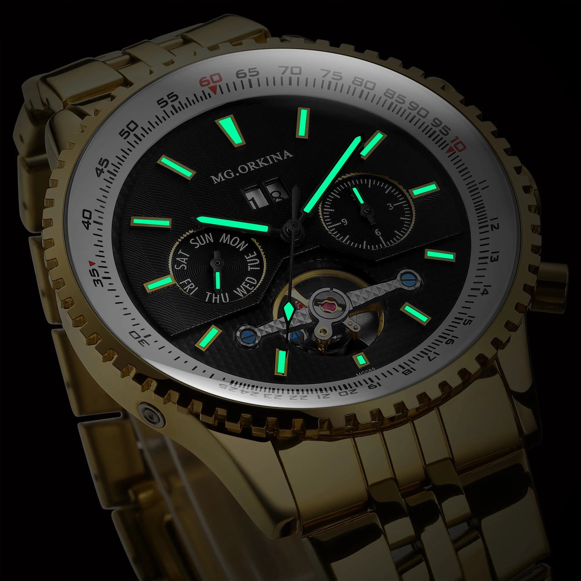 

MG.ORKINA Wristwatches Men's Automatic Mechanical Day/Week/Month Tourbillion Stainless Steel Watch Gift Box