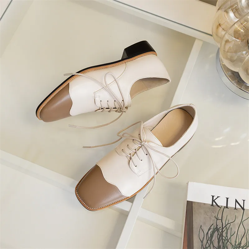 Meotina Spring Flats Women Shoes High Quality Lace Up Flat Derby Mixed Colors Square Toe Casual Lady Big Size 33-43 | Обувь
