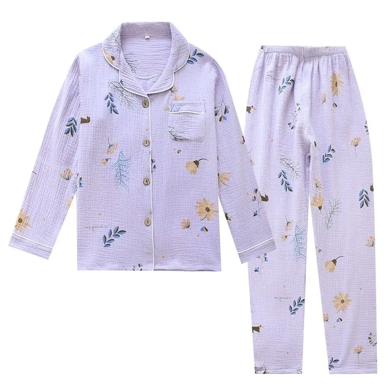 

Women Cotton Gauze Pajamas Long Sleeve Spring Pajama Set Purple Lavender Print Sleepwear 2 Piece Casual Simple Nightwear F34