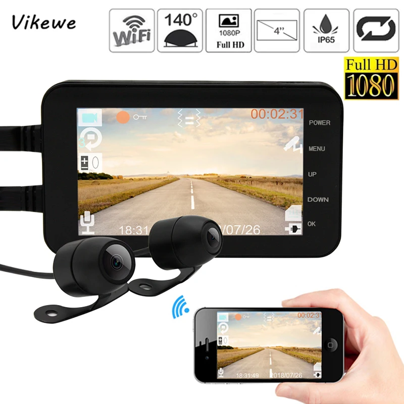 Видеорегистратор для мотоцикла 4 дюйма Wi Fi FHD 1080P водонепроницаемый двойной