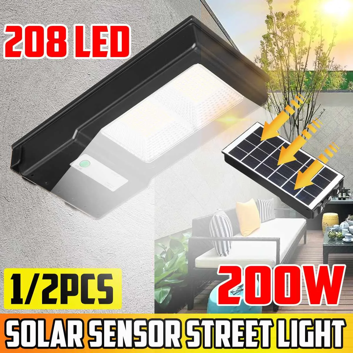 

1/2 шт., уличный светильник на солнечной батарее, 200 Вт, 208 светодиодный