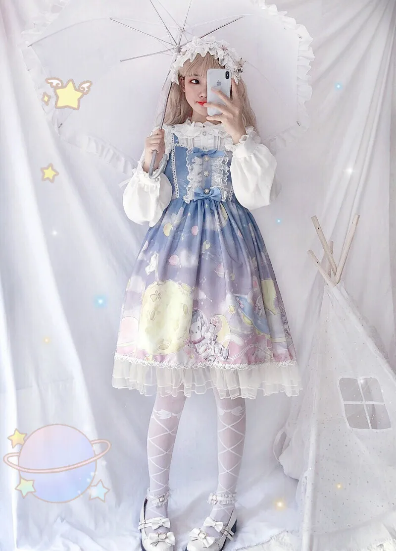 Платье в стиле Лолиты; милое платье в японском стиле Kawaii; платье принцессы для девочек в винтажном готическом стиле; кружевная розовая летняя юбка с принтом