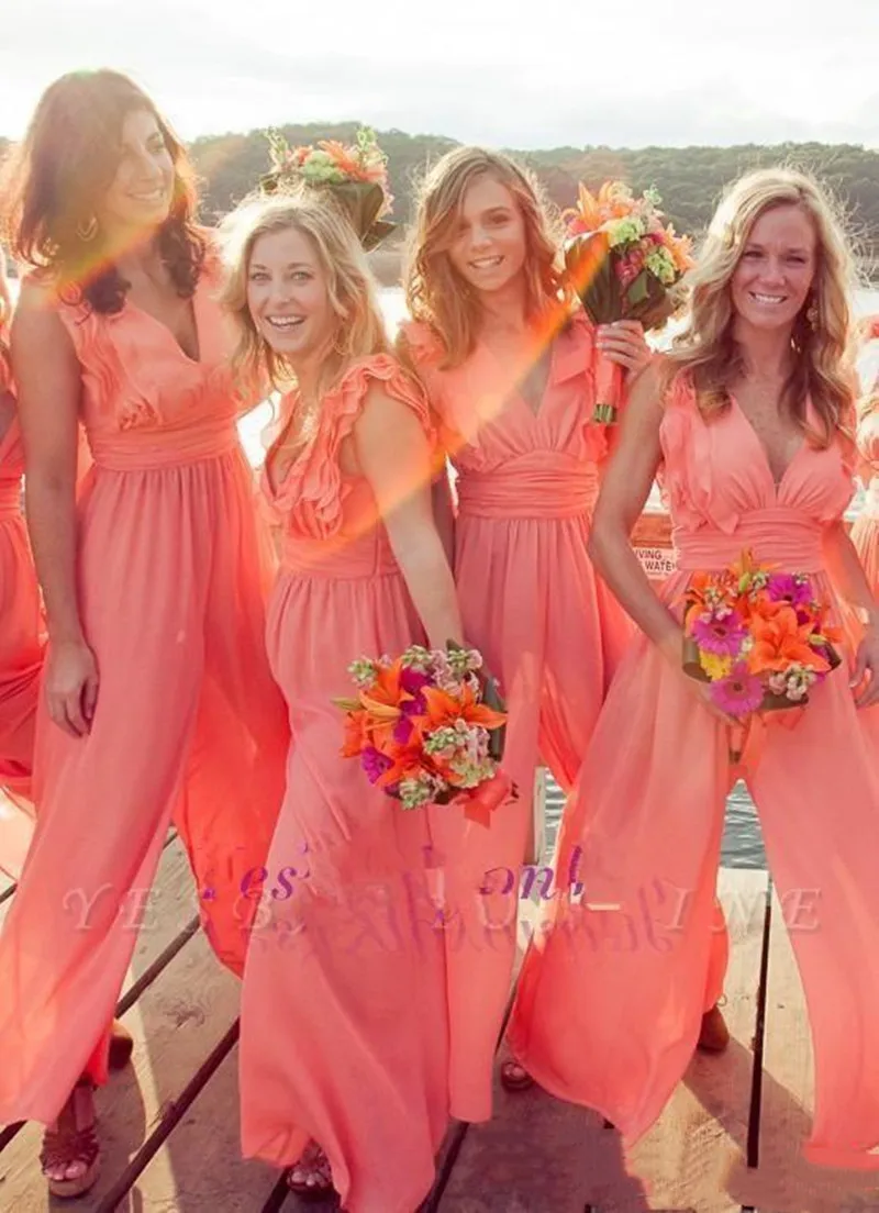 

2022 New Arrival Chiffon Coral Bridesmaid Dress Long Jumpsuits V Neck Plus Size Beach Wedding Guest Party prom Dresses