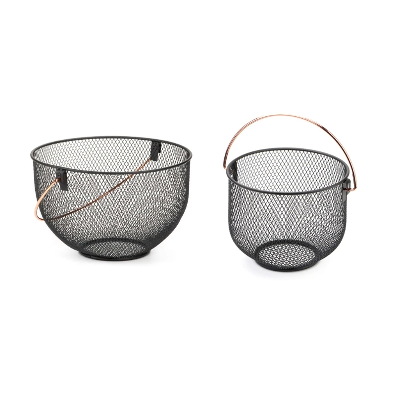 

T5EF Wrought Iron Fruit Basket with Handle Metal Wire Round Openwork Drain Vegetable Storage Holder Basket for Kitchen Pantry