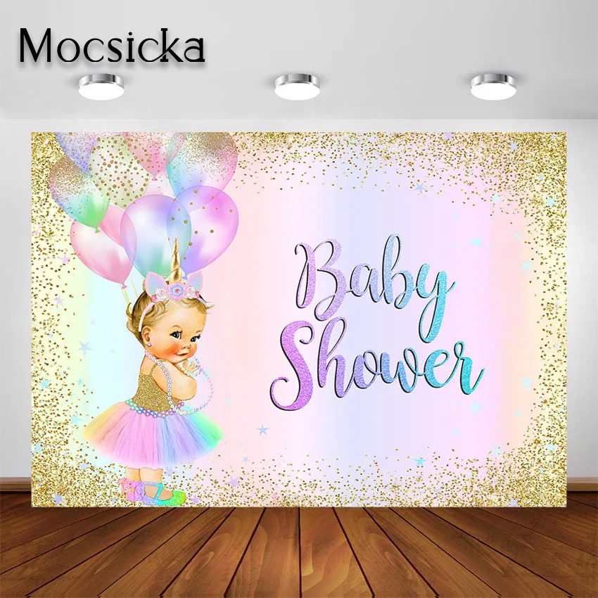 

Mocsicka Unicorn Princess Baby Shower Backdrop Gold Glitter Confetti Pastel Rainbow Baby Shower Party Decorations Background