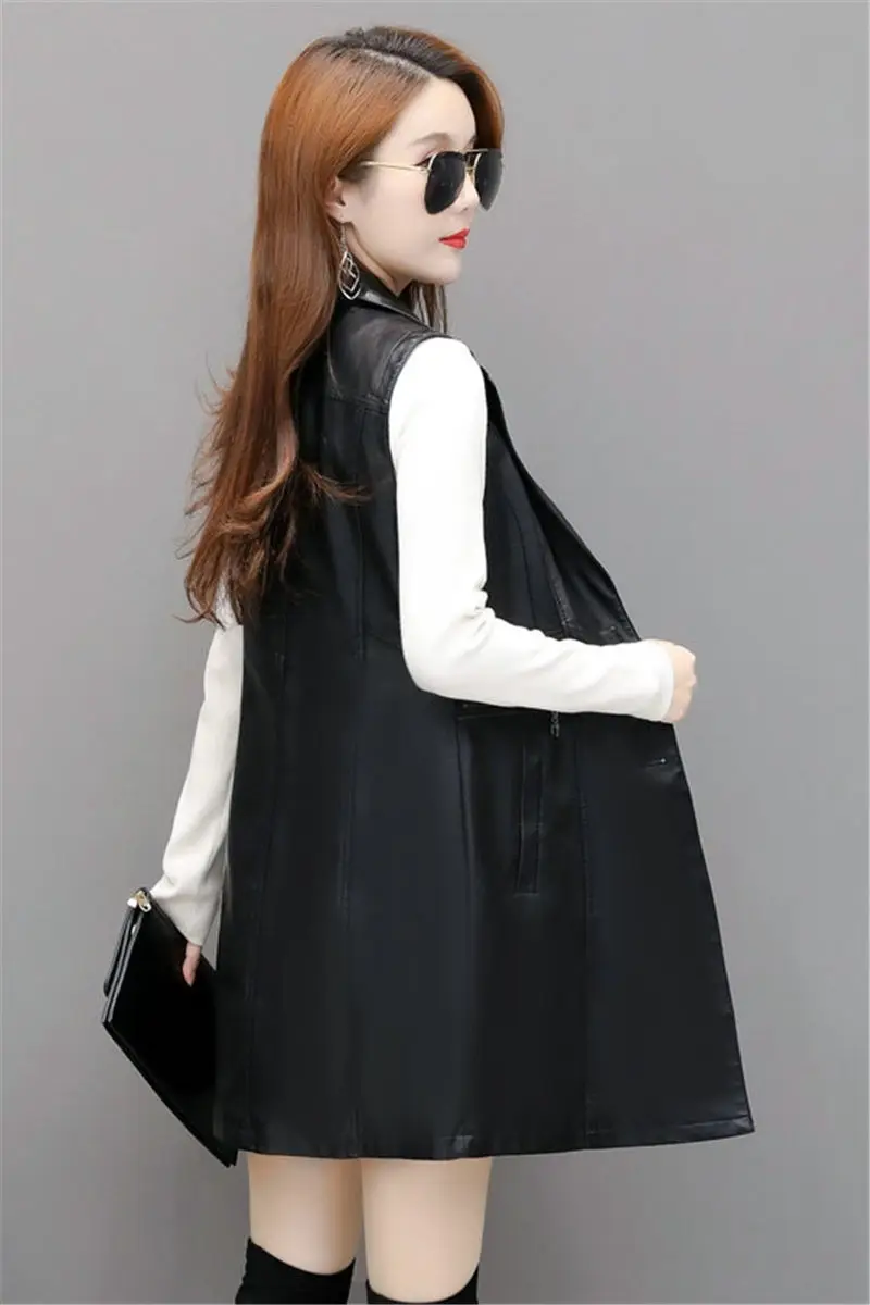 Черный кожаный жилет без рукавов женский длинный секционный 2020 Весна Осень