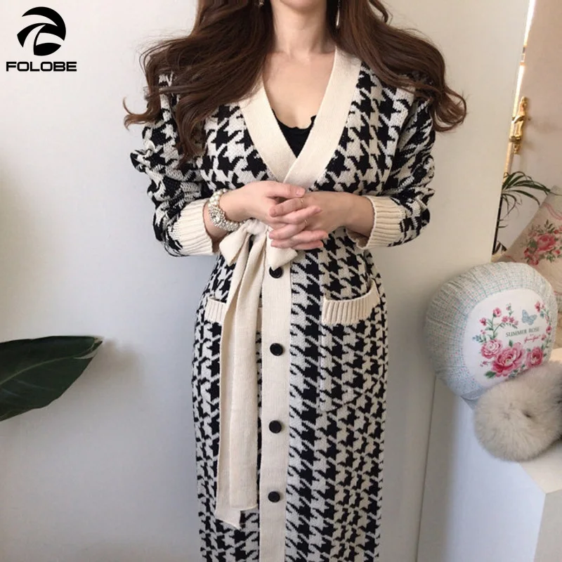

FOLOBE Autumn Winter Houndstooth Cardigans Women Sweater Coat Knitted Dress V-Neck Long Sleeve Single Breasted Pocket Coat Femal